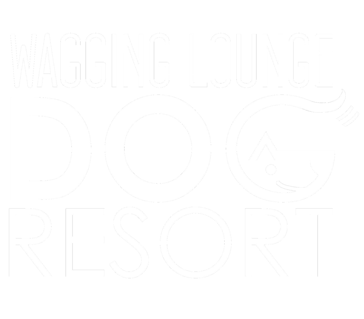 A green background with white letters that say wagging lounge dog resort.