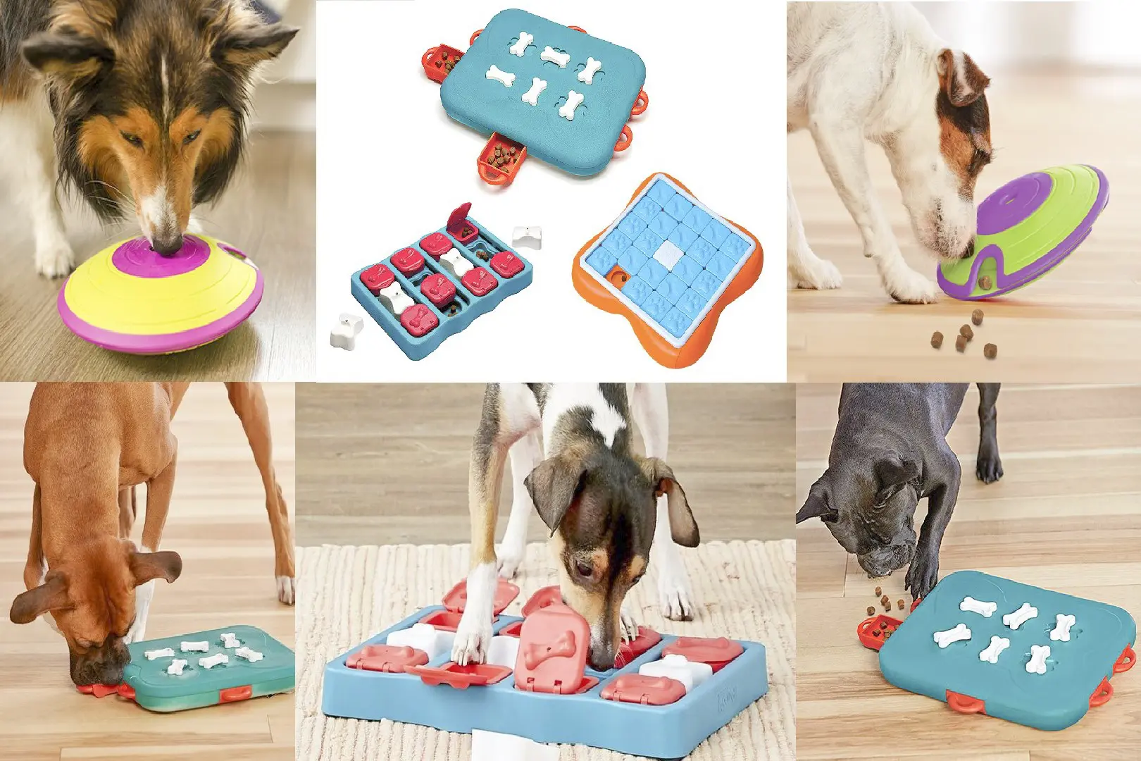 A collage of different types of toys for dogs and cats.
